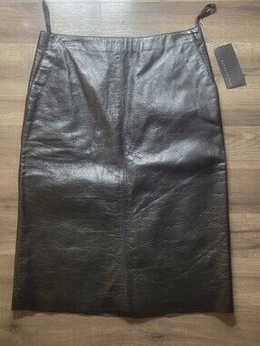 Vtg Kenneth Cole Leather Midi Skirt Womens 4 Black Slit Straight Cut NWT *Read*